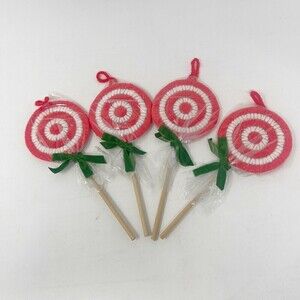 Vintage Handmade Plastic Yarn Christmas Ornament‎ Lot Of 4 Lollipop Sucker 7.5”